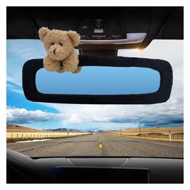 Cute Cartoon Car Rear View Mirror Cover, Elastic Plush Car Rearview Mirror Protector, Car Interior Decor Accessories for Girls Women (Black-Brown Bear)