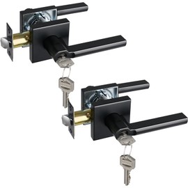 HISAFE Heavy Duty Keyed Entry Door Lever, Matte Black Square Door Handle Interior Door Lock for Front Door and Office, Reversible for Right & Left Handed, 2 Pack
