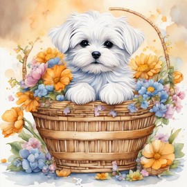 WSLWXSHM Diamond Painting Kits for Adults, Dog Round Full Drill Diamond Art Kits, 5D DIY Paint with Diamonds Crafts for Home Wall Decoration Gifts 12×12Inch Flower Basket