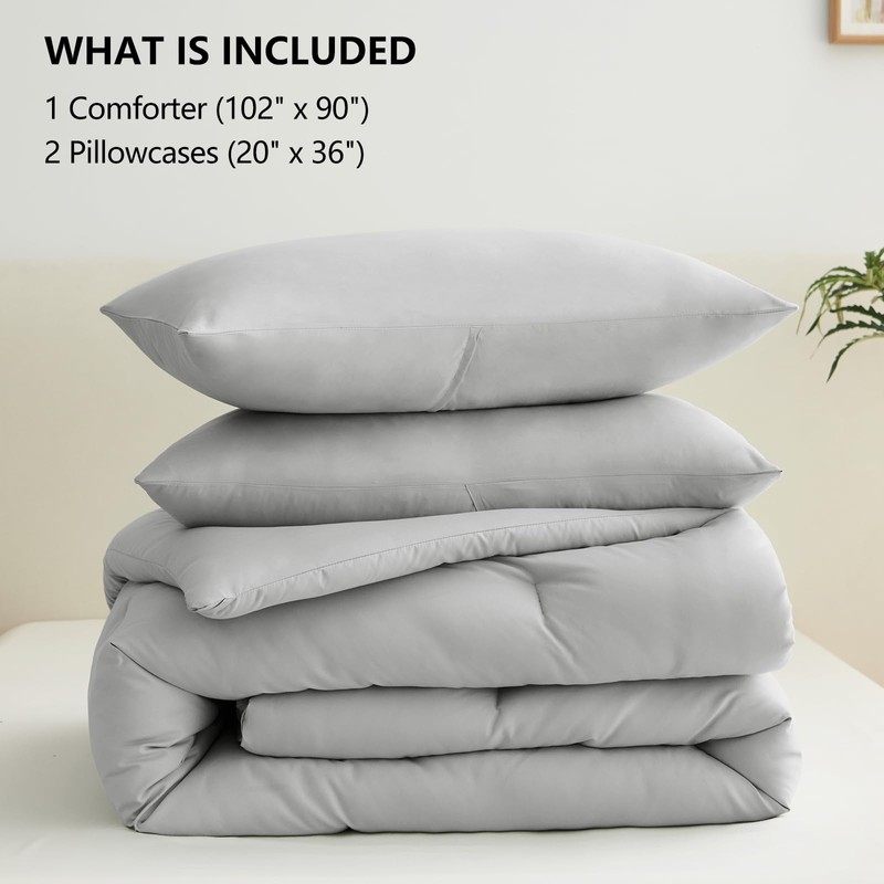 CozyLux Light Grey Comforter Set King Size, 3 Pieces Solid