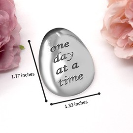 ForFine Soothing Stone Thumb Stones Relieve Anxiety Stones Lucky Inspirational Gift for Parent Family Friend, Meaning One Day at a Time (Glossy Silver, 2)