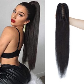 16 inches SEGO Human Hair Ponytail Extension Claw on [#1 Jet Black] Clip in Remy Real One Piece Hairpieces Straight (105g)