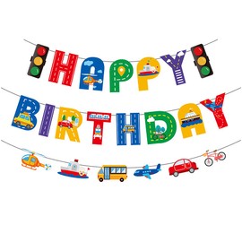 Transportation Theme Birthday Party Decorations Set, Happy Birthday Banner with Vehicles, Cupcake Toppers, 15 Pieces