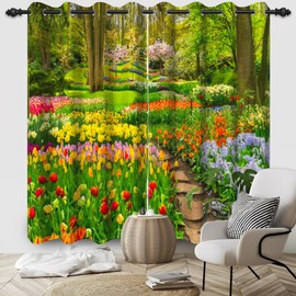 DORCEV Spring Forest Park Window Curtains Colorful Floral Blooming Tulip Flowers Blackout Window Drapes Garden Path Spring Scenery Window Treatment Sets Bedroom Living Room Decor,42x84 inch,2 Panels