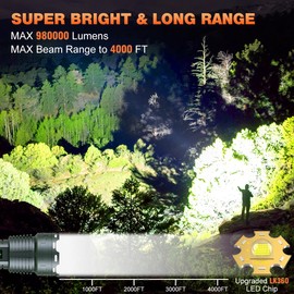 Alifa Rechargeable LED Flashlights 980000 High Lumens, Super Bright Tactical Flashlights Rechargeable, 5 Modes Brightest Powerful Waterproof Flashlight with Zoomable for Emergencies Camping