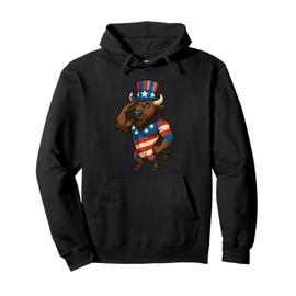 Patriotic Saluting Uncle Sam Hat Bison USA Flag 4th of July Pullover Hoodie