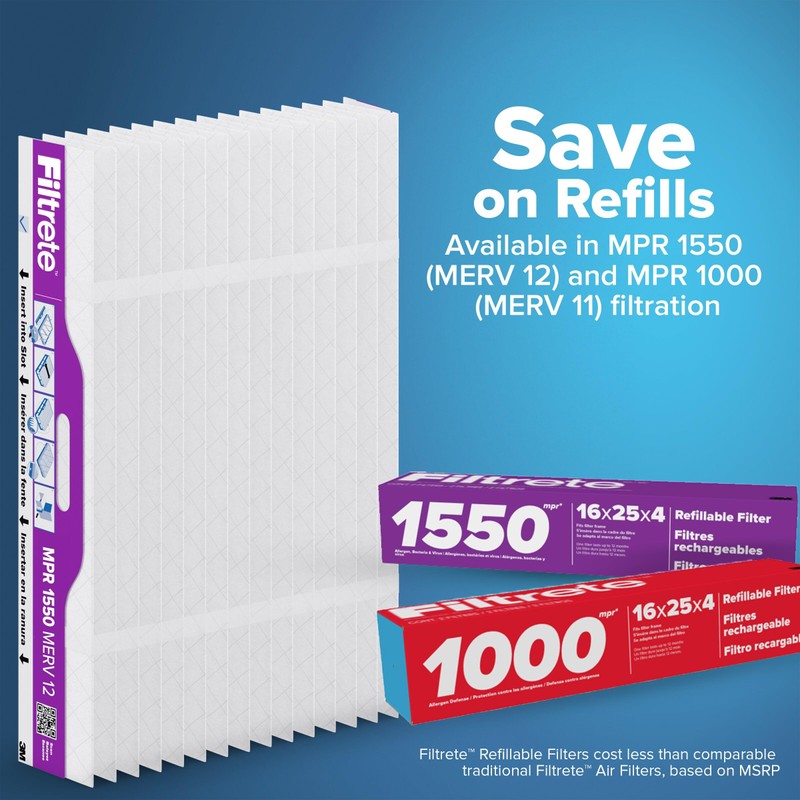 Filtrete 16x25x4 Refillable Air Filter Starter Kit, MPR 1550, MERV