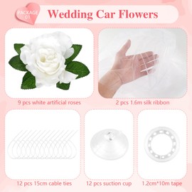 Wedding Car Decoration, Pack of 2 1.6 m Organza and 9 Pieces 12 cm Rose Wedding Decoration, Car Bonnet Decoration, Flowers Garland for Wedding Car Decoration, White