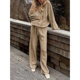 Paintcolors Womens 2 Piece Lounge Set Oversized Fall Knit Pajamas Long Sleeve Top Wide Leg Pants Pjs Sets Loungewear -Khaki_t09 L