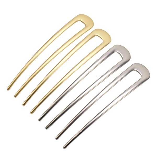 JETEHO 4 Pack Simple Metal U Shaped Hair Pin Fork Sticks 2 Prong Updo Chignon Pins,Silver and Gold