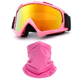 immoono Motorcycle Goggles Dirt Bike ATV Off-road Riding Motocross Glasses with Neck Gaiter Face Cover for Women Girls, Pink Frame Colorful Yellow Lenses