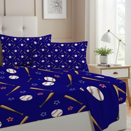 Allenjoy Baseball Ball Bat Sports Games Sheets Set with Fitted Sheet, Flat Sheet and 1 Pillowcase for Men Boys Teens Fans Son Bedding Bedroom Decor, Twin Size