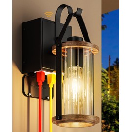 NookNova Porch Light with Outlet GFCI Dusk to Dawn Outdoor Lights for House Waterproof Exterior Lighting Fixtures Wood Look Glass Modern Front Porch Garage