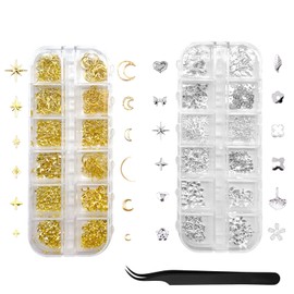 PEKLLOCY 2 Boxes Metal Nail Art Decoration Accessories,Nail Charms Gold Silver Star Bows,Blumen, Sterne, Mond, charms nägel, nail art zubehör, Nail Art and DIY for Women and Girls