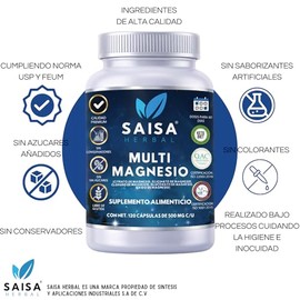 Magnesio Complejo 5 en 1 | Citrato, Glicinato, Cloruro, Gluconato y Óxido de Magnesio | 120 Cápsulas | Saisa Herbal | Suplemento Alimenticio Premium |