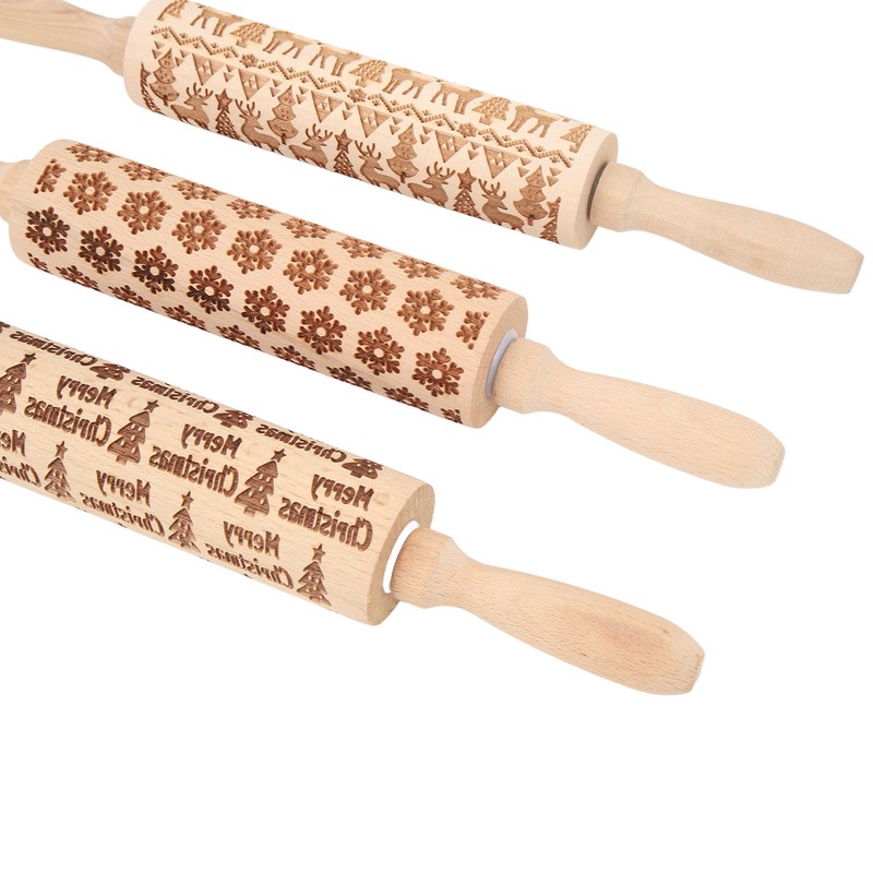 3Pcs Wooden Embossed Rolling Pin Cute Christmas Pattern Engraved Embossing