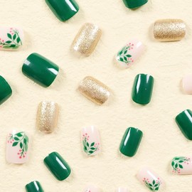 24 Pcs Christmas Press on Nails Short Square - YEFIUO Cute Pink & Green Fake Nails Press ons Winter Xmas Nail Art Tip Full Cover Acrylic False Nails Glue on Nails Kit Gold Glitter Flowers Design Women