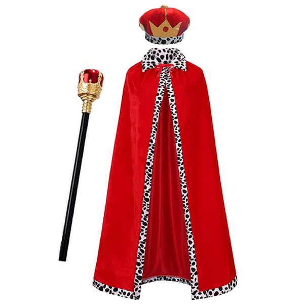 maxToonrain King Costume,Men's Red Cape Velvet Halloween Costumes For Men King Crown And Sceptre Set Adults Cosplay Funny World Book Day Fancy Dress for Unisex Mens(Red Hat,120)