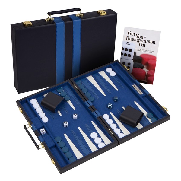 Get The Games Out Top Backgammon Set - Classic Board Game Case 15" Medium Size - Best Strategy & Tip Guide - Available in Small, Medium and Large Sizes (Blue, Medium)