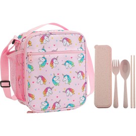 1 Lunchtasche mit Regenbogenpferd und 1 Besteckset, tragbare isolierte Picknicktasche, multifunktionale isolierte Tasche mit seitlichen Netztaschen, für Schule, Picknick, Camping (Rosa)
