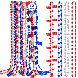 4th of July Necklace Accessories, 12PCS Fourth of July Beads Necklaces Bulk, Independence Day Red Blue White Stars USA Flags Necklace, Patriotic 4th of July Bulk for Parade Party Favors Decorations