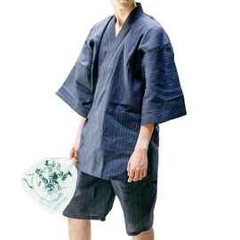 KIMONOMACHI Kyoto Kimono-cho Original Men's Jinbei, S/M/L/LL/3L/4L, Cotton Linen Jinbei, Father's Day, Gift, Room Wear, Large Size, navy stripe