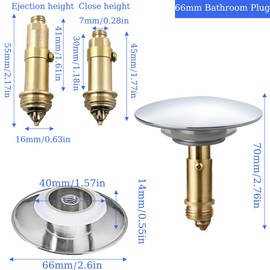 LIANCHEN Pop-Up Sink Pop-Up Sink Plug Pop Up Drain Plug Universal Bath Plug Solid Brass Chrome-Plated with Spring Mechanism for Sink Bathroom Drain Fitting (Diameter 66 mm)