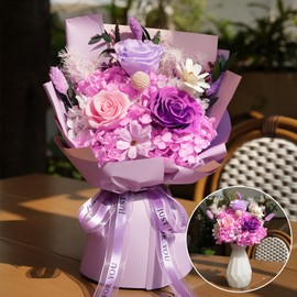 Topvelo Preserved Flower Bouquet with Vase, Flower Bouquet for Prime Delivery, Gift for Mother’s Day, Valentine’s Day, Birthday, Anniversary (Purple)