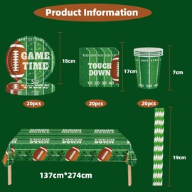 Pack of 115 American Football Party Tableware Set, American Football Decoration Birthday Boy, Includes Plates, Napkins, Cups, Tablecloth, American Football Birthday Party Decorations, for 20 Guests