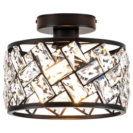 Rpzloila Crystal Ceiling Light Fixture, Modern Semi Flush Mount Ceiling Light,Crystal Chandelier for Kitchen Bedroom Bathroom Entryway, Black Finish