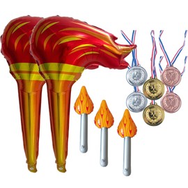 SSKHE Inflatable Torch medal OLM Party Decorations Set with 4PCS Inflatable Party Props Torch and 6PCS Gold Silver Bronze Plastic Medals Fun Inflatable Torchs for Kids Competitions Themed Party Game