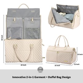 STOVER Convertible Garment Duffel Bag for Travel - Carry On Garment Bags with Toiletry Bag Large Weekender Bag for Women (Cream)