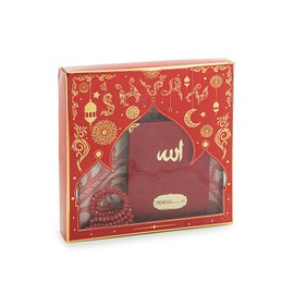 ihvan online Prayer Gift Set for Men & Women, Muslim Taffeta Prayer Rug, Salah Mat, Beads Rosary, Velvet Covered Yaseen Islamic Gift Set for Ramadan & Eid, Red