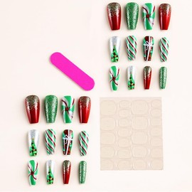 24PCS Christmas Long False Nails with Glue Stickers,Coffin Full Cover Acrylic Nails Press on Nails no Glue,Red Green Snowflake French Fake Nails Stick on Nails for Women and Girls Nail Art