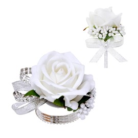 Vkkperp 2Pcs White Rose Corsage and Boutonniere Set, Corsage Wristlet Band for Prom Decorations, Artificial Boutonniere for Men Wedding Party Suit Flower Accessories