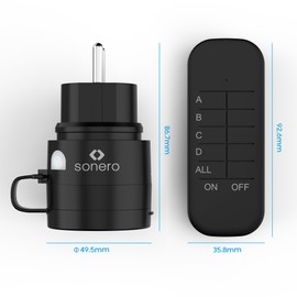 sonero Funksteckdosen mit Fernbedienung Aussen, Outdoor Set, 2300 Watt, 230V, 1 x Steckdose mit Funkfernbedienung, IP44, 30m Reichweite, Stromsparen, Schwarz