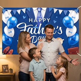Happy Fathers Day Banner Decorations 5.9×3.6Ft Blue Suit Tie Happy Fathers Day Backdrop Blue White Balloons Father's Party Celebrations Wall Door Home Decorations 71×43Inch （Polyester）
