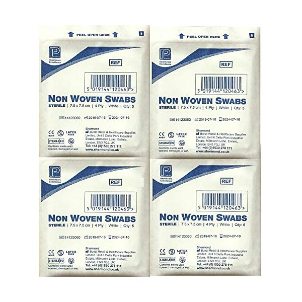 Premier 1860A 4 Ply Sterile Absorbent Non Woven Swab, 7.5cm x 7.5cm, 5 Count (Pack of 40)