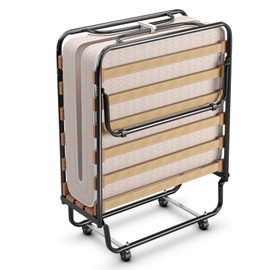 RELAX4LIFE Rollaway Folding Bed with Mattress, Guest Bed with Steel Frame & Memory Foam Mattress, Portable Fold Up Bed with Rolling Wheels for Small Space, Office, Camping, Made in Italy (Beige)