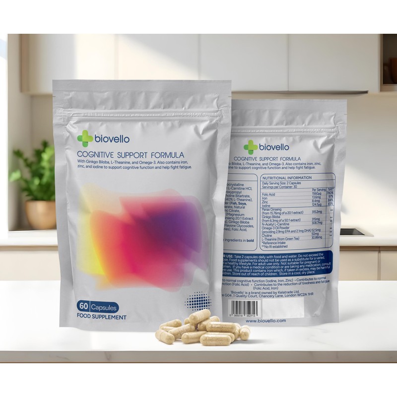 Biovello Cognitive Support Formula, 60 Capsules, with Iron, Zinc, Ginkgo