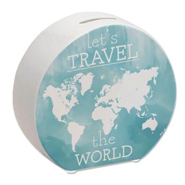 Money Box with World Map Motif and Text - Let's Travel The World in Blue Money Box with Watercolour Motif and Beautiful Design to Save on a World Trip or the Next Holiday Abroad