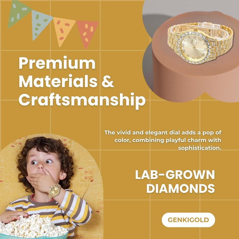 Genkigold Gold Diamond Watch for Teen Boys - 43mm Roman