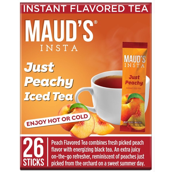 Maud's Té de melocotón instantáneo (Insta Just Peachy), 30 unidades. Paquetes de palitos de viaje instantáneos con sabor a melocotón de energía solar, té caliente o helado, mezcla de té 100% California