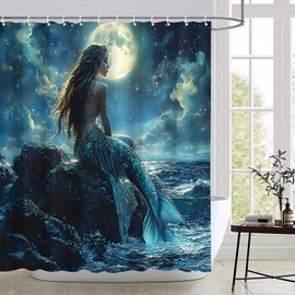 MZYZAF Fantasy Ocean Mermaid Shower Curtain Beach Coastal Full Moon Dark Blue Night Mystical Girls Fairy Tropical Fish Tail Scale Nautical Seascape Bathroom Decor Fabric Curtain with Hooks 70X70Inch