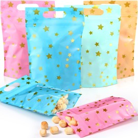 Resholder 60 Pcs Star Sealing Gift Bags with Handles Gold Star Mini Plastic Candy Treat Goodie Bags Bulk for Birthday Wedding Bridal Baby Shower Favors Crafts Supplies