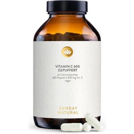 SUNDAY NATURAL: Vitamin C High Dose - 365 Capsules - 1,200 mg Vitamin C Buffered per Daily Dose - Acid-free Calcium Ascorbate - Gentle on the Stomach - Laboratory Tested, Vegan, No Other Additives