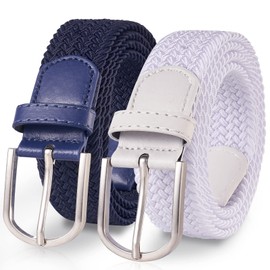 TANGCHAO 2 Pieces Fabric Belt, Stretch Belt, Elastic Braided Belt, Braided and Elastic Stretchy Belt for Men and Women, 3.3 cm, Length 90 cm to 135 cm, White + blue, 130 cm