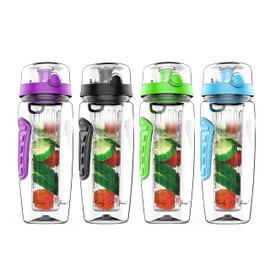 Fruit Infuser Water Bottle 32 oz: Flavored Water & Tea Infusion for Hydration, Protein Shake Sports Container, Leak-Proof Lid, Long Infuser Basket – with Sleeve, Cleaner Brush & Mix Ball