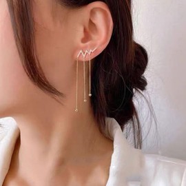 Zeshimb Lightning Ear Climber Earrings Long Chain Tassel Dangle Earrings Diamond Rhinestone Flash Thunder Crawler Earrings Lightning Bolt Beads Chain Drop Earrings Jewelry for Women Girls, Zinc, No