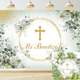 Mi Bautizo Backdrop Mexican Baptism Party Decorations God Bless First Holy Communion Background Greenery Eucalyptus Leaves Baptism Banner Baby Shower Decor Props